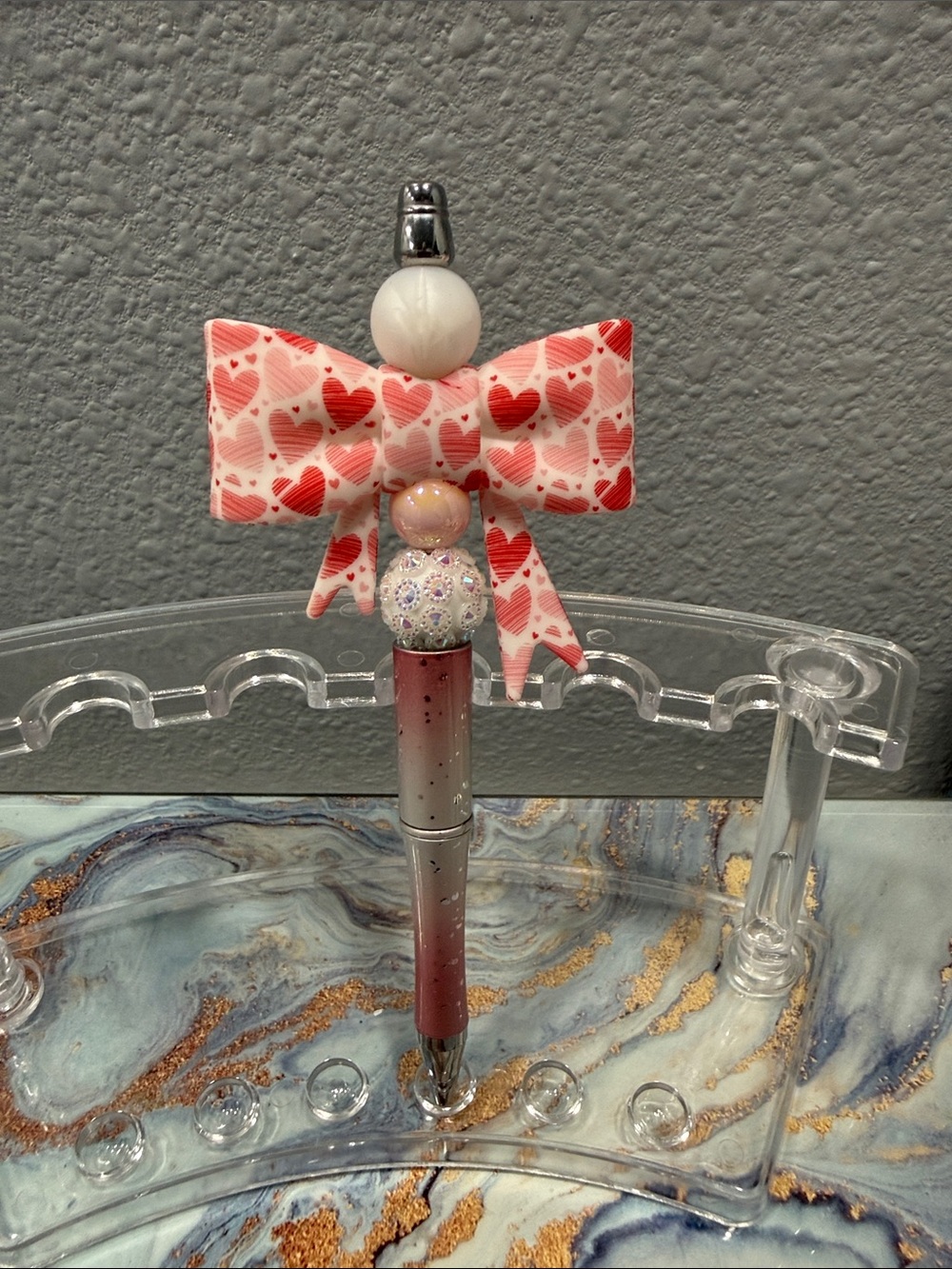 Hand crafted Pink and White Beaded Decorative Pen with Giant Bow